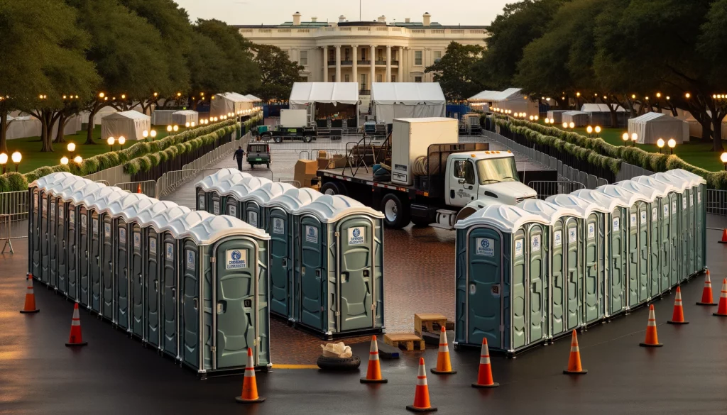 Festival porta potty bank with barricades in Upland, California