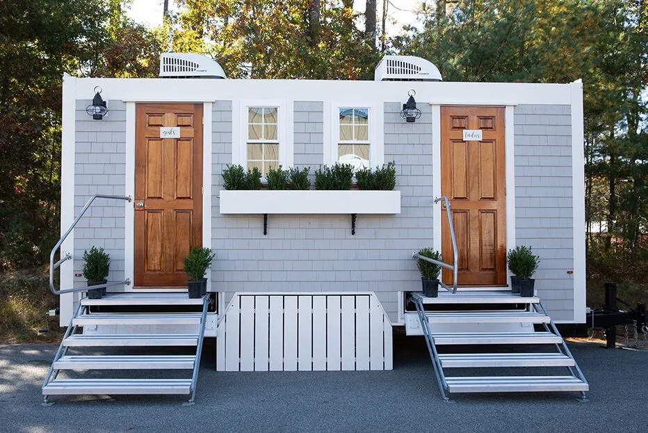 Wedding restroom units discretely staged at a venue in Upland, California